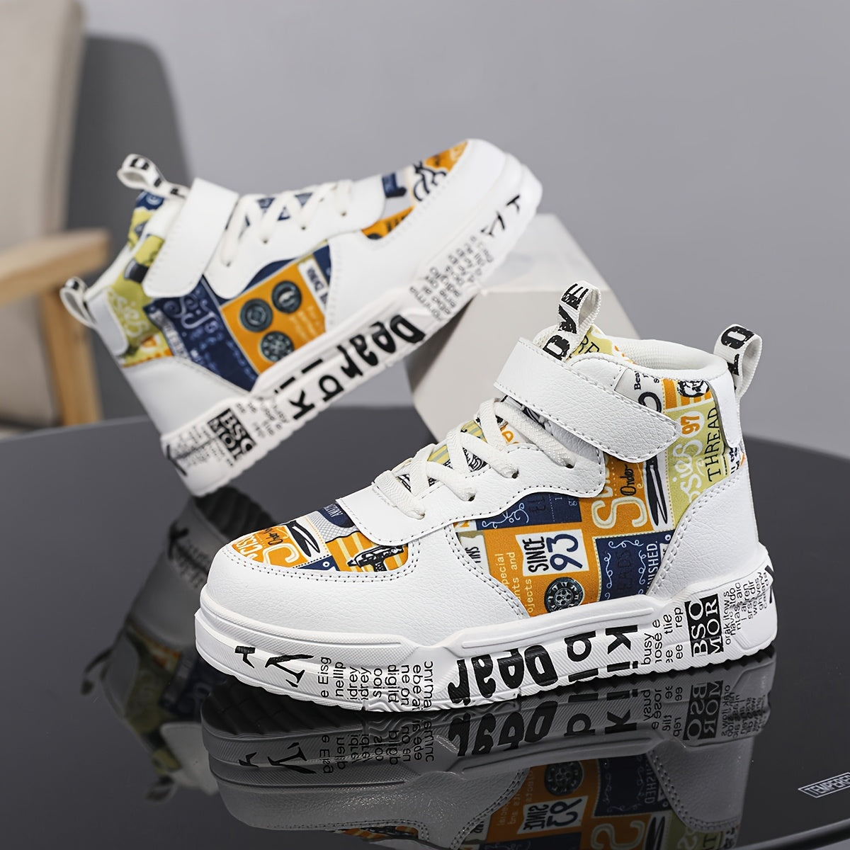 Kids' Trendy High-Top Sneakers with Adjustable Strap, Non-Slip EVA Sole, and Colorful Letter Print - Ideal for Casual and Outdoor Activities, Versatile High-Top Sneakers | Trendy Kids' Shoes | Durable Sneakers