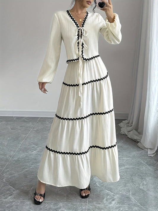 Spring-Summer Temperament Fashion Black Trim V-Neck Two-Piece Set with Tie Strap Long Sleeve Top and Skirt for Women