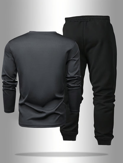 Men's Long Sleeve T-shirt and Pants Set, Spring/Autumn 2pcs set with Paris letter print round neck long sleeve T-shirt + drawstring outdoor casual sports pants set of 2