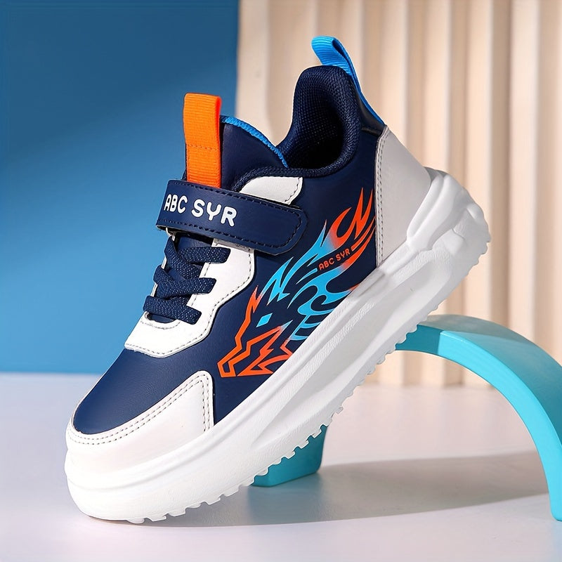 Boys' Athletic Sneakers for Fall/Winter 2024 - Stylish Flame Design, Durable & Comfortable with Hook-and-loop Fastener Strap, Low-Top, PU Upper, EVA Sole, Perfect for Running & School Activities