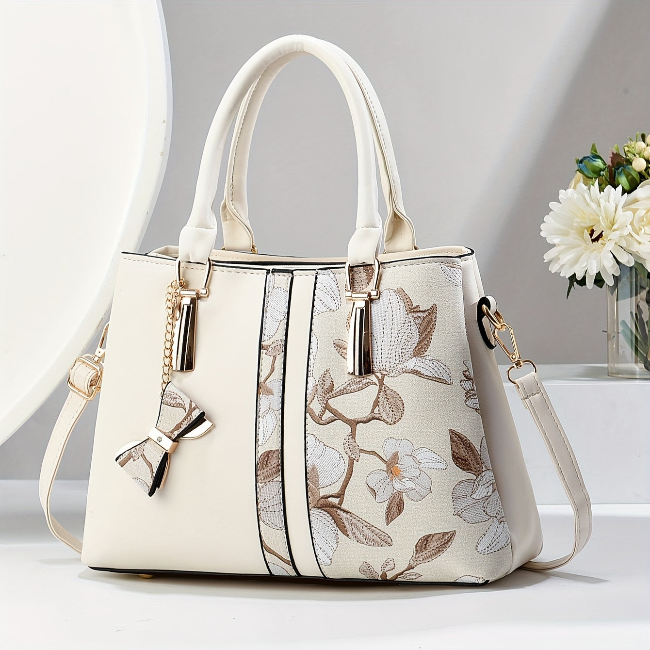 Chic Floral Print Handbag for Wo - Spacious 3-Layer Design with Pockets, Zip Closure, Durable PU Material - Available in Khaki, Cream, Green, Blue, Black