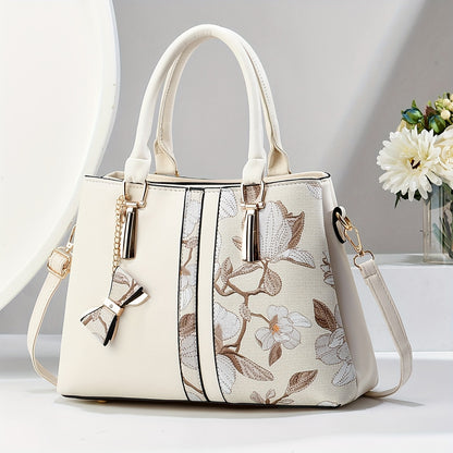 Chic Floral Print Handbag for Wo - Spacious 3-Layer Design with Pockets, Zip Closure, Durable PU Material - Available in Khaki, Cream, Green, Blue, Black