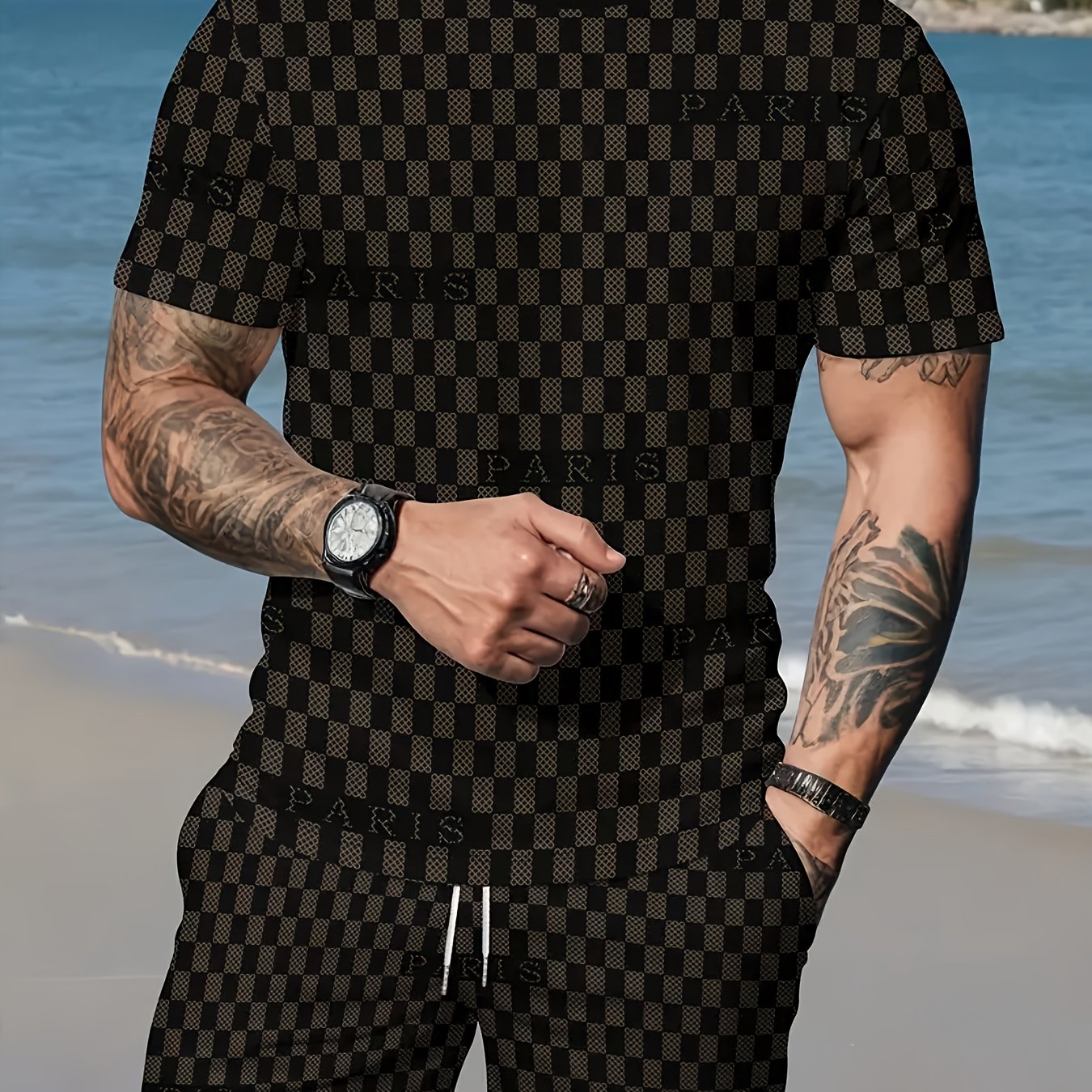 2pcs Men's Summer Casual Outfit: Ink Splash & Checkered Pattern Short Sleeve T-Shirt and Drawstring Shorts Set - Lightweight Polyester, Machine Washable, Ideal for Beach & Casual Attire