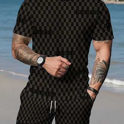 2pcs Men's Summer Casual Outfit: Ink Splash & Checkered Pattern Short Sleeve T-Shirt and Drawstring Shorts Set - Lightweight Polyester, Machine Washable, Ideal for Beach & Casual Attire