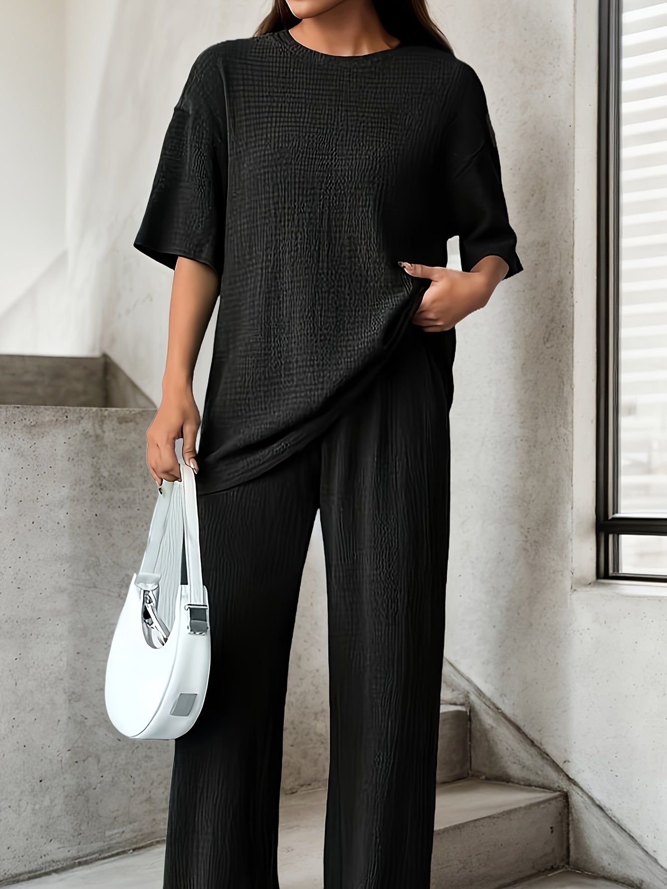Women'S Elegant Solid Color Crew Neck T-Shirt and Pants Set, Polyester Knit Fabric, 95% Polyester 5% Elastane, Casual Drop Shoulder Outfit for Spring/Summer, 170g/m²
