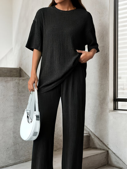 Women'S Elegant Solid Color Crew Neck T-Shirt and Pants Set, Polyester Knit Fabric, 95% Polyester 5% Elastane, Casual Drop Shoulder Outfit for Spring/Summer, 170g/m²