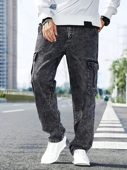 Men's Multi-Pocket Cargo Jeans - Casual Loose Fit Denim with Flap Pockets, Durable Cotton Blend, Ideal for All Seasons, Casual Wear Pants | Classic Blue Jeans | Cotton Blend Jeans