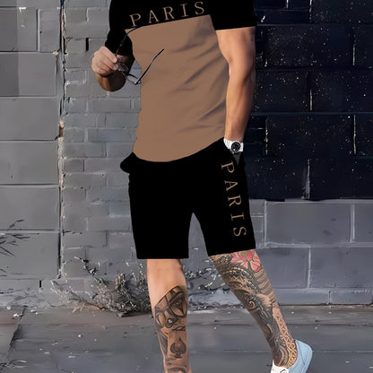Men's Summer Casual Sportswear Set, Breathable 3D Print Crew Neck T-Shirt and Shorts, Polyester Knit Fabric, Slight Stretch, Regular Fit, Outdoor Leisure Wear