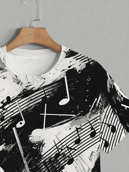 OBM Men's Casual Short Sleeve T-Shirt - Music Note & Splatter Print Design, 100% Polyester, Breathable Summer Tee, Regular Fit, Machine Washable, Musicthemed Apparel, Smooth Texture Fabric
