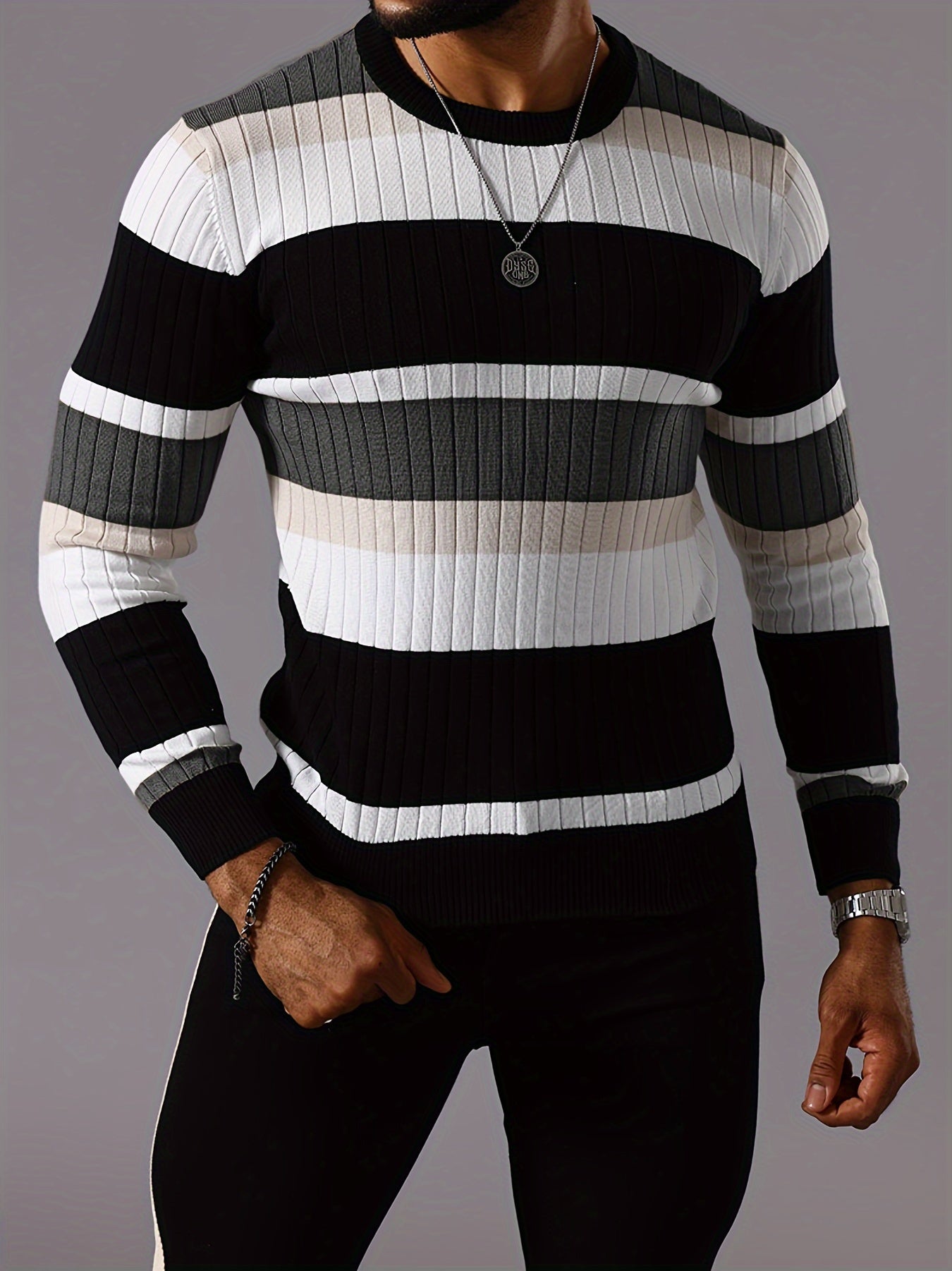 Men's Striped Color-Block Ribbed Knit Sweater - Long Sleeve Round Neck Pullover with Elastic Comfort Fit, Machine Washable Casual Fall Winter Top in Black/White/Green/Beige, Knit Sweater, Medium Elasticity