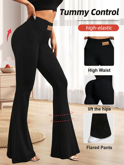 High-Waisted Flared Leggings for Women - Stretchy Black Polyester Pants with Tummy Control, Slimming Fit, and Breathable Design for Spring/Summer/Fall Casual Wear, Spring Summer Leggings | Fitted Leggings | Elastic Waistband