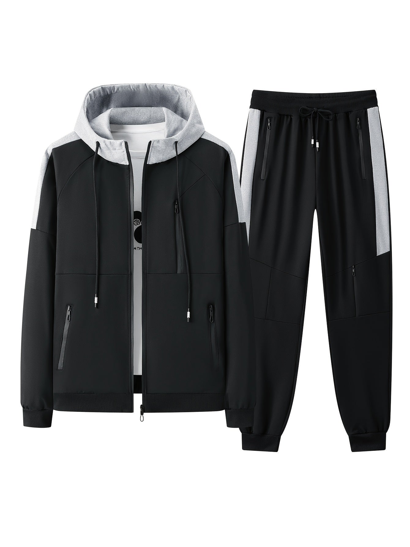 1set Men'S Sports Hooded Jacket and Joggers Set, Polyester Knit Fabric with Slight Stretch, Patchwork Design, Regular Fit, Spring/Fall Season, with Pockets