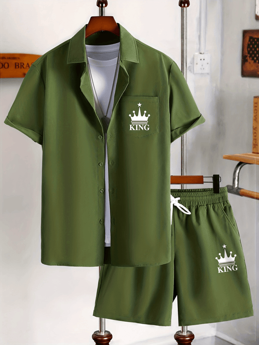 Men's Casual Short Sleeve Collar Shorts Printed Fashion Suit