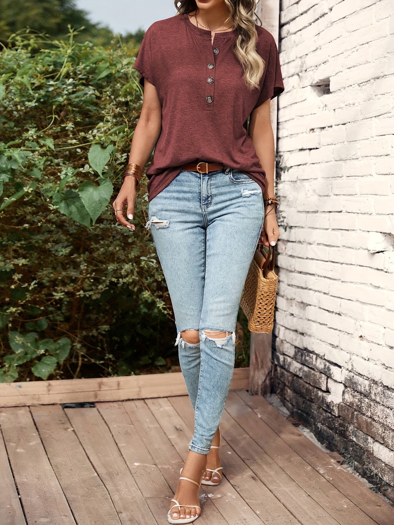 Elegant Women's Light Blue Summer T-Shirt - Chic Button Detail, Short Sleeve, Crew Neck, Polyester Blend, Machine Washable, with Smooth Texture - Perfect for Casual or Dressy Occasions