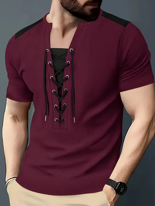 Men'S Casual Waffle Knit Short Sleeve T-Shirt with Drawstring Detail - Maroon & Black, Round Neck, Breathable Polyester Fabric for Summer Outings, Casual Weekend Wear | Round Neck Tee | Stylish Contrast Stitchin