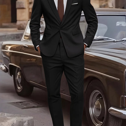 2pcs Men's Elegant Business Casual Suit Set - Includes Classic Lapel Blazer & Dress Pants, Polyester/Rayon Blend, with Pockets - Perfect for Weddings & Formal Occasions