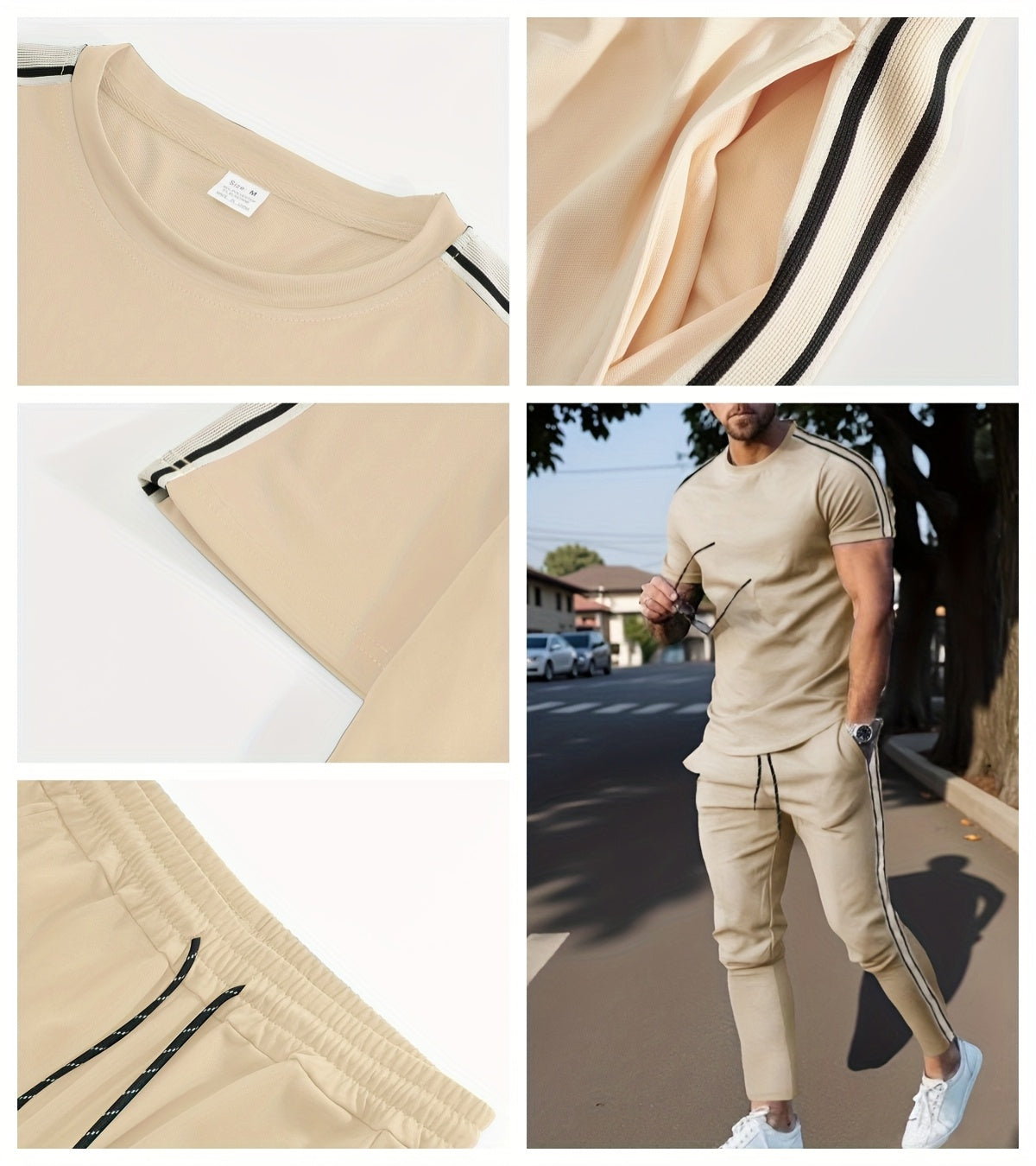 Cross-Border New Summer 2pcs Short-Sleeved T-Shirt And Long Pants Casual Men'S Casual Outdoor Sports Suit, Side Stripe Casual And Fashionable Men'S 2pcs Set
