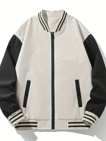 Men'S Lightweight Geometric Pattern Bomber Jacket - Casual Long Sleeve Zip-Up with Pockets, White & Gray, Polyester Lining, Perfect for Fall, Autumn Jacket