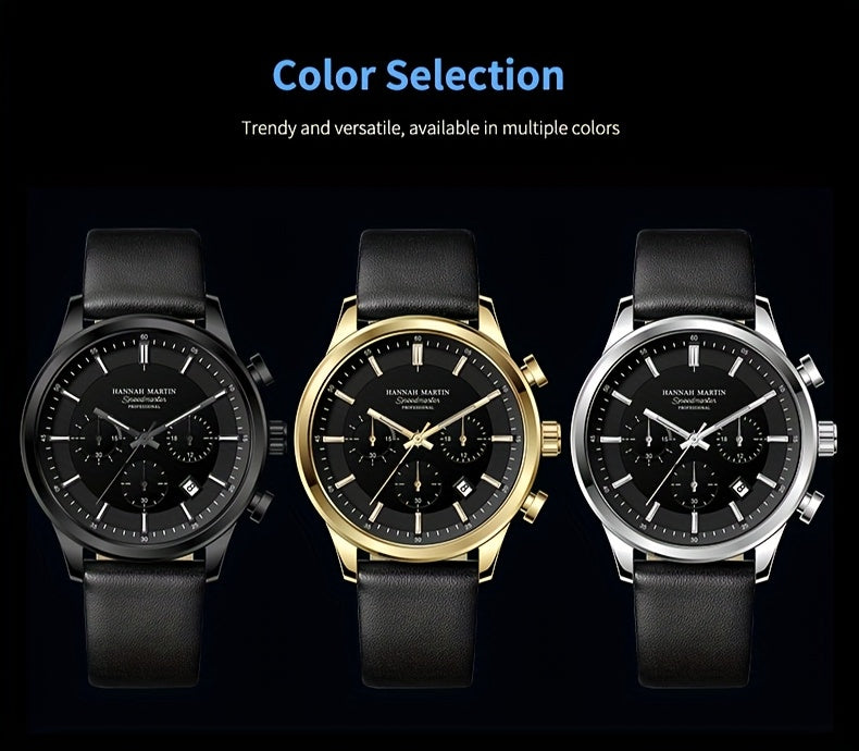 HANNAH MARTIN Men's 2025 Business Chronograph Watch - Black Arabic Numeral & Bar Markers, Date/Second Time Zone, Quartz Movement, Faux Leather Strap, High Quality 30m, Casual & Formal Watch for Casual Attire, Versatile Timepi