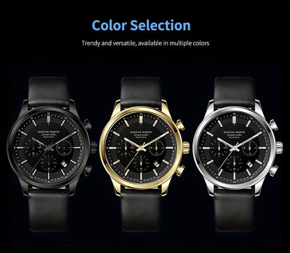 HANNAH MARTIN Men's 2025 Business Chronograph Watch - Black Arabic Numeral & Bar Markers, Date/Second Time Zone, Quartz Movement, Faux Leather Strap, High Quality 30m, Casual & Formal Watch for Casual Attire, Versatile Timepi