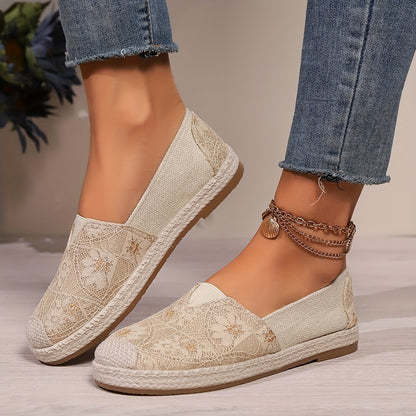 Women's Breathable Slip-On Loafers - Soft Sole Casual Walking Shoes, Lightweight & Comfortable, Beige Floral Pattern Fabric Upper, PU Cover Sole, Perfect for Casual Attire, Allseason Loafers | Slipon Comfort | Soft Sole Shoes