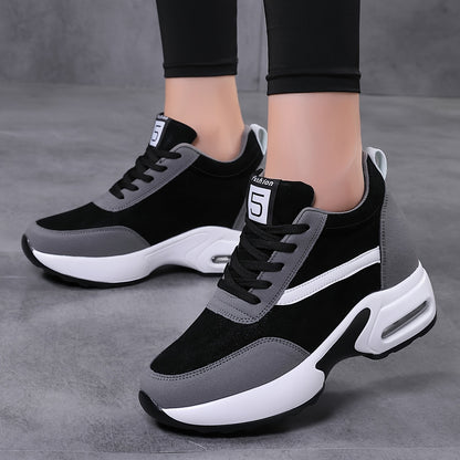 Women's Lace-up Front Chunky Sneakers With Air Cushion, Fashion Platform Sneakers With Hidden Heel For Outdoor Walking