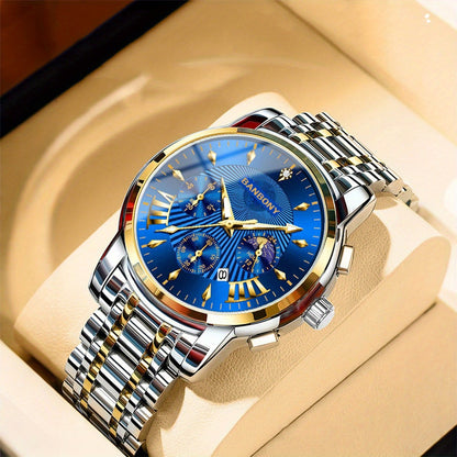 BANBONY Automatic Quartz Watch for Men & Women - Stainless Steel Strap, Blue & Golden HD Large Dial, IPX7 Waterproof, Rhinestone Accents, Date Calendar, Luminous Hands - Casual Fashion Unisex Watch for Birthday Holiday Gifts,