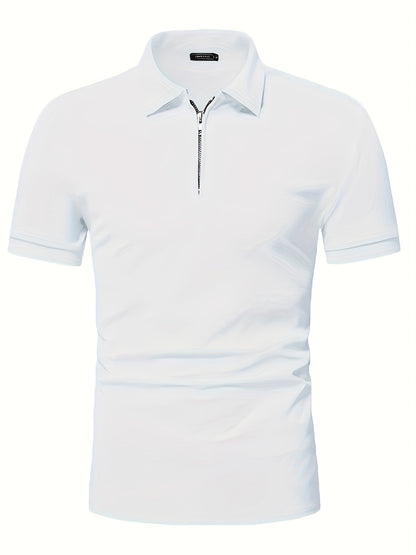 Casual Stretch Men's Solid Color Zipper Lapel Golf Shirt, Male Summer Streetwear