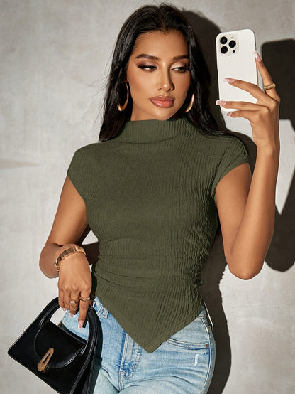 Women'S Chic High-Neck Asymmetrical Hem Drop Shoulder Short Sleeve T-Shirt - Ribbed, Solid Green, Perfect for Spring/Summer, Casual Yet Stylish, Casual Summer Wear | Chic Shoulder Design | Textured Fabric