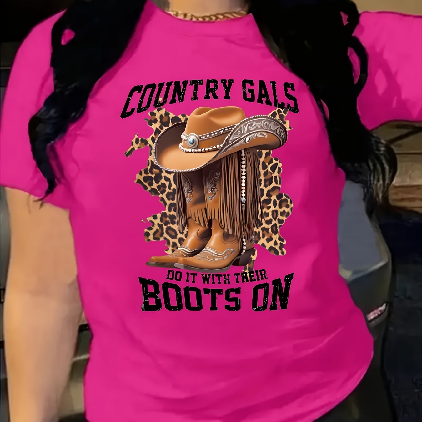 Women's Casual Short Sleeve T-Shirt with Cartoon Cowboy Boots & Leopard Print Graphic, "Country Gals Do It with Their Boots On" Slogan, Vibrant Orange Round Neck Tee, Machine Washable Regular Fit, Allseason Top, Semitranspare
