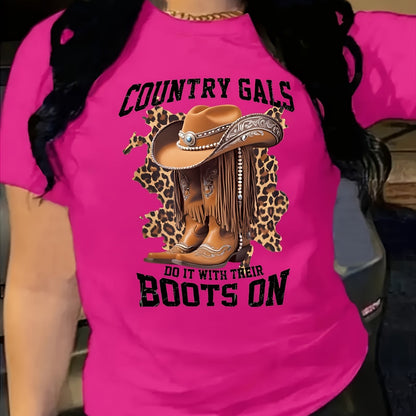 Women's Casual Short Sleeve T-Shirt with Cartoon Cowboy Boots & Leopard Print Graphic, "Country Gals Do It with Their Boots On" Slogan, Vibrant Orange Round Neck Tee, Machine Washable Regular Fit, Allseason Top, Semitranspare