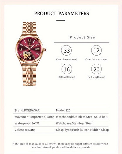 POEDAGAR Elegant Women's Quartz Watch - Rose Golden-Tone Stainless Steel, Luminous Hands & Calendar,, Date Display with Heart Detail