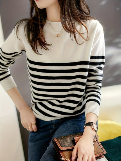 Striped Crew Neck Pullover Sweater, Casual Long Sleeve Versatile Sweater, Women's Clothing