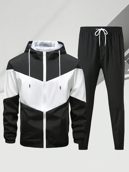 Men'S Casual 2pcs Sports Suit Unisex Couple All-Season Spring/Autumn Color Block Tracksuit with Hooded Cardigan, Zippered Jacket, Long Sleeve Coat, Joggers, Gym, Running, Outdoor Outfit, Elastic Pants, Hoodie, Top, Pants, Two