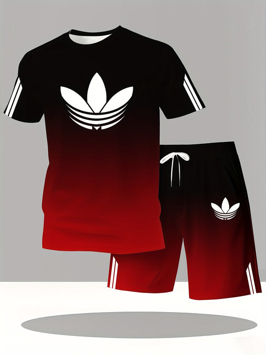 ADIDA Letter Set Short Sleeve + Shorts Two-Piece Men's Fashion Casual Round Neck T-Shirt Outfit, European Style Trendy Short Sleeve Set