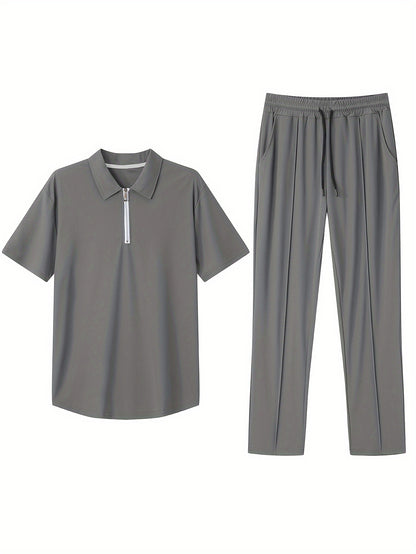 Men's Slim-Fit Casual & Joggers Set - Breathable Polyester, Short Sleeve, Summer Outdoor Wear