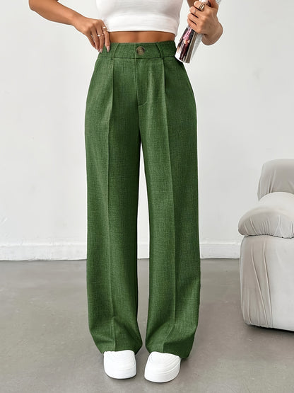 Women's Casual Polyester Stretch Straight Pants, Solid Color, Suitable for All Seasons, with Button Details, Women's Trousers