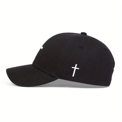 Adjustable Sun Protection Baseball Cap for Boys - Black with White Cross Design, Polyester, Fitted Closure, Ideal for Outdoor Activities, Travel, and Beach, Travel Headgear | Stylish Headgear | Adjustable Headgear