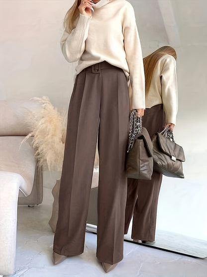 1pc Elegant Women'S Long Pants - Polyester Straight-Leg Trousers with Belt, Zippered Closure, Casual Loose-Fit for Spring/Autumn