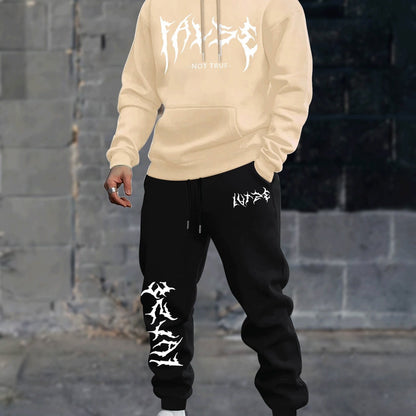 Durable Fabric, Men's Casual Sporty Hoodie and Jogger Set - Trendy Geometric Print, Blue and Black, Polyester Blend, Machine Washable, Perfect for Fall/Winter
