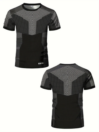 A Black And White Patterned Print Design, Men'S Sporty Fashion, Geometric Print High-Elastic Tight-Fitting Short-Sleeve Round-Neck T-Shirt, Quick-Drying Sports Top for Summer Fitness, Training, And Workout, with a Cool Feel,