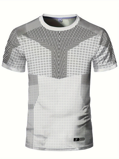 A Black And White Patterned Print Design, Men'S Sporty Fashion, Geometric Print High-Elastic Tight-Fitting Short-Sleeve Round-Neck T-Shirt, Quick-Drying Sports Top for Summer Fitness, Training, And Workout, with a Cool Feel,