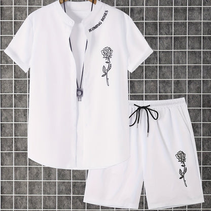 2pcs Printed Men's Summer Short Sleeve Button Shirt and Shorts Set