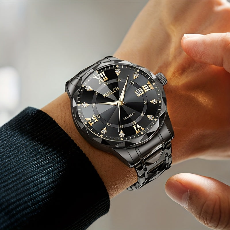 Men'S Business Style Stainless Steel Quartz Watch with Alloy Case, Blue Round Dial & Golden-Tone Accents - Battery-Powered, Non-Rechargeable - Ideal for Valentine'S Day, Thanksgiving, Ramadan Gifts, Business Casual Watch|Slee