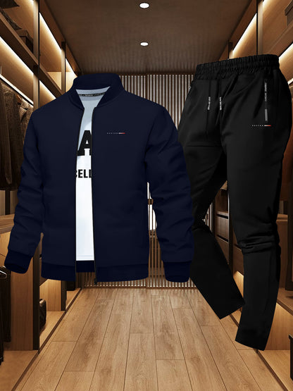 Men'S Trendy Boston Print Jacket and Sweatpants Set - Casual Sporty Outfit with Zipper Detail, Long Sleeves, and Elastic Waistband, Perfect for Fall/Winter