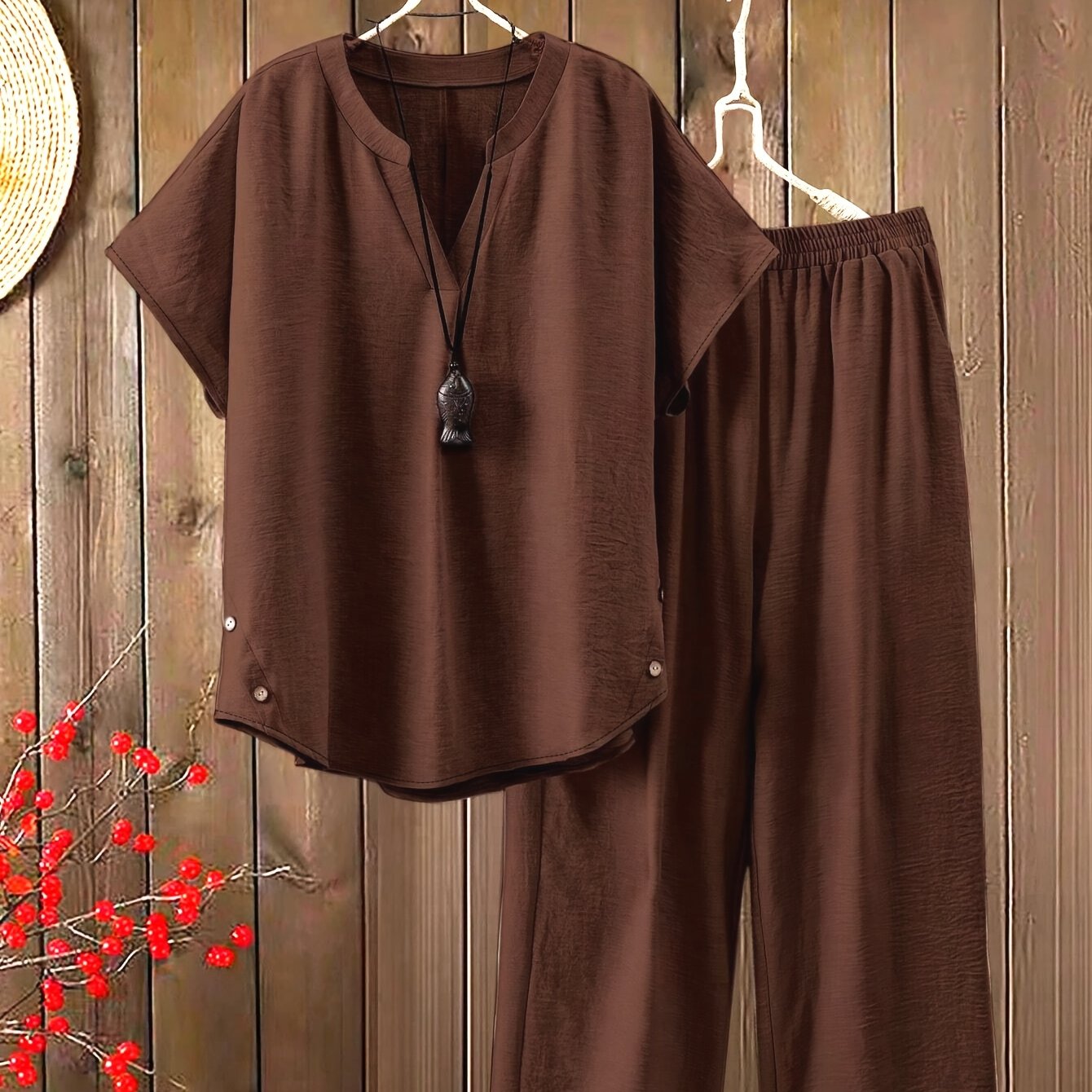 Women'S Solid Color V-Neck Short Sleeve Shirt with Elastic Waist Wide-Leg Pants Two-Piece Set