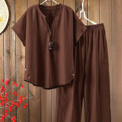 Women'S Solid Color V-Neck Short Sleeve Shirt with Elastic Waist Wide-Leg Pants Two-Piece Set
