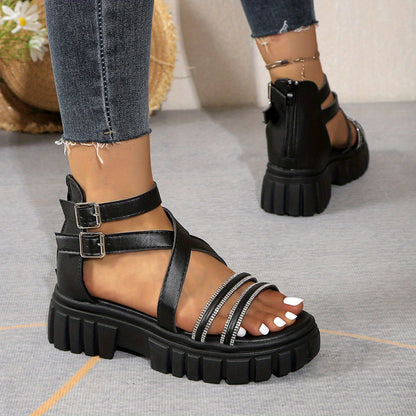 Women'S Summer Chunky Platform Sandals - Open-Toe Design with Adjustable Buckle Straps, White Faux Cover & Thick TPR Sole for Beach, Casual & Everyday Wear, Strappy Sandals, Beach Footwear, Stylish Footwear, Durable Footwear