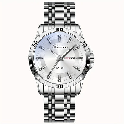 Luxury Men'S Quartz Watch - Sleek Round Dial with Dual Calendar, Luminous, Waterproof, Stainless Steel Band - Ideal Business Gift, Business Gift Watch|Minimalist Timepiece|Luminous Watch Face, Watch Accessories