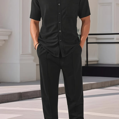 Men'S Two-Piece Set Featuring a Short-Sleeve Cardigan with Pockets And Drawstring Pocket Long Pants, Perfect for a Clean And Comfortable Summer.